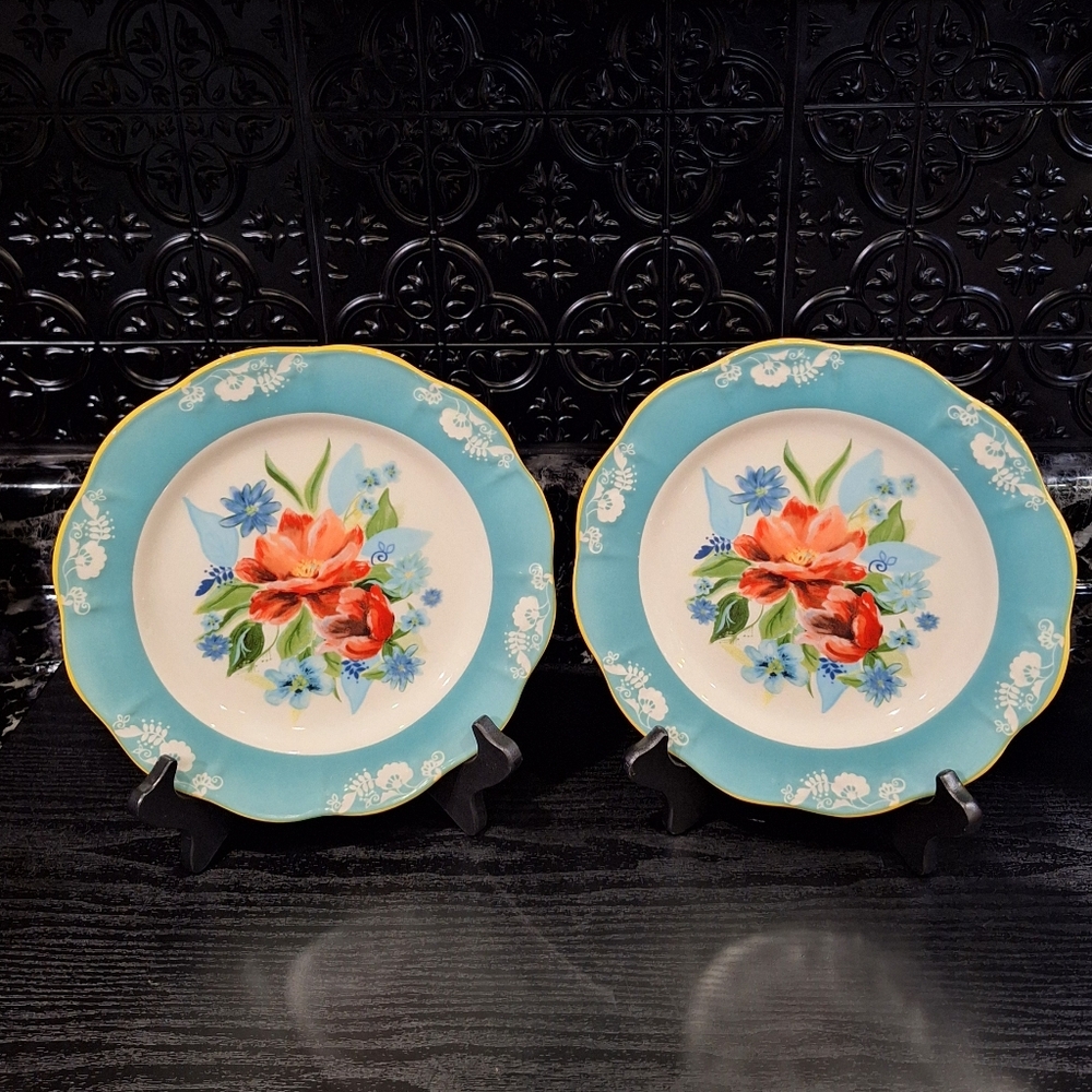 2 Pioneer Woman Spring Bouquet Salad Plates, Lunch Plates, Teal Farmhouse